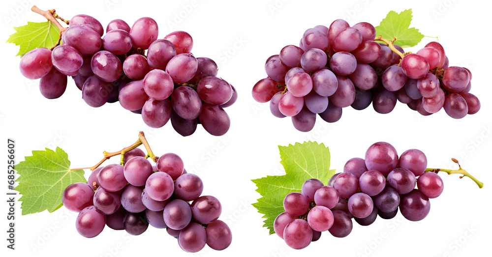 Set of ripe grapes with leaves, cut out - obrazy, fototapety, plakaty 