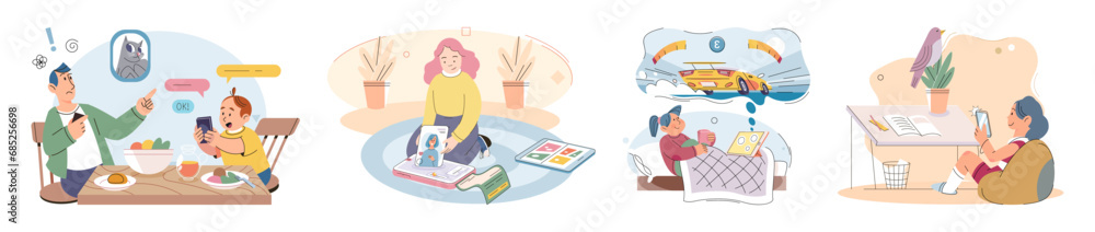 Child with tablet. Vector illustration. Education in digital age is characterized by use gadgets and online resources The communication between children and teachers has been enhanced
