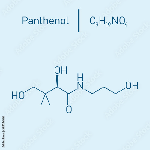 Skeletal formula of Panthenol. Chemical structure of Panthenol (C9H19NO4). Chemical resources for teachers and students. Vector illustration isolated on white background.
