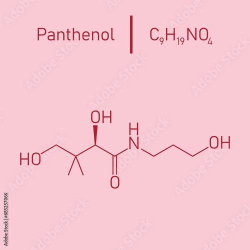 Skeletal formula of Panthenol. Chemical structure of Panthenol (C9H19NO4). Chemical resources for teachers and students. Vector illustration isolated on white background.