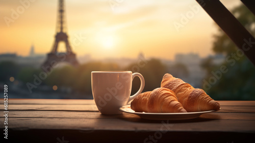 a cup of coffee and a croissant on the table against the backdrop of the Eiffel Tower. ai generative