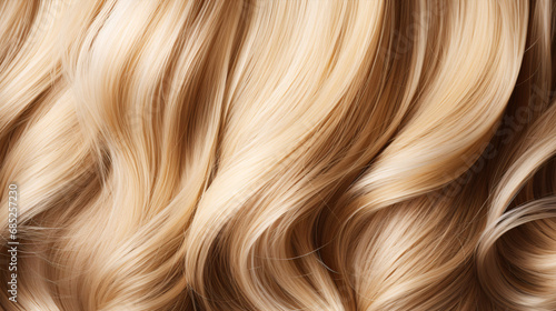 A closeup of a woman   s lustrous  curly  blonde mane undergoing various styling and coloring processes.