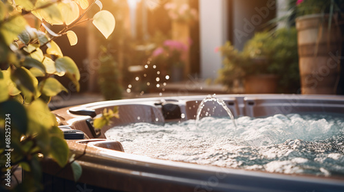A bubbling hot tub in a backyard. ai generative photo