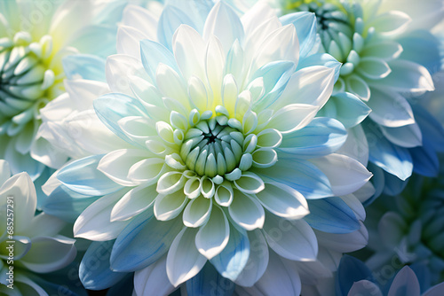 A macro shot of a blue-hued chrysanthemum in bloom against a multi-hued floral backdrop of spring and summer.