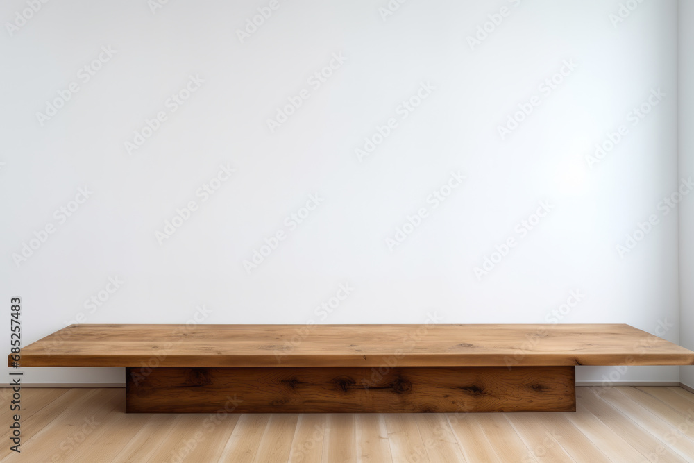 A brown and empty wooden table in front of a white wall, presentation space. Generative Ai. A brown and empty wooden table in front of a white wall, presentation space. Generative Ai.