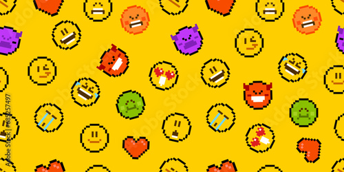 Pixel seamless pattern on yellow background. Vector 8 bit cute emoticon and face expressions. Funny emoticons with laugh, love emotion, devil, angry, crazy and smile in pixel pattern