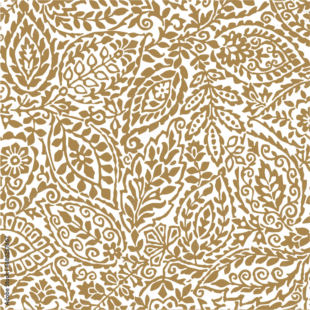 Indian Nature Ornament. Floral Botanical Pattern. Gold Foliage on White Background. Linocut Print. Vector illustration. Fabric and Textile Wallpaper. Folk Rustic Golden Decor. Indian Nature Ornament. Floral Botanical Pattern. Gold Foliage on White Background. Linocut Print. Vector illustration. Fabric and Textile Wallpaper. Folk Rustic Golden Decor.