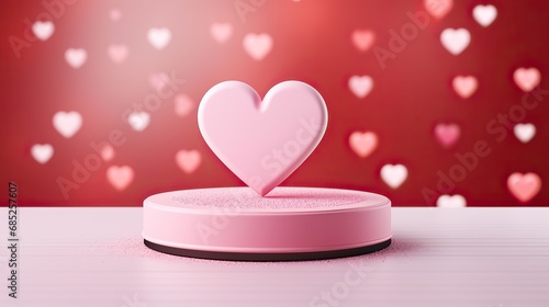 Podium background pink product love display platform red heart stand studio stage day. Background pink backdrop podium shape minimal scene room abstract pedestal gift light sale pastel romantic day