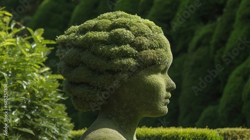 Garden topiary shaped like a human head, meticulously trimmed. Symbolizing mental health, the artful greenery evokes a sense of mindfulness, balance, and harmony in the tranquility of the garden. photo