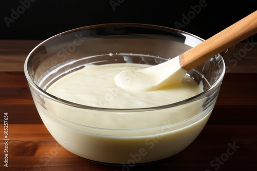 Creamy dough in a glass mixing bowl.