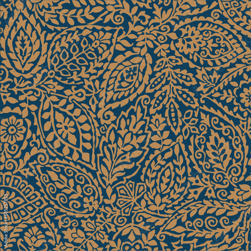 Indian Nature Ornament. Floral Botanical Pattern. Gold Foliage on Dark Blue, Navy Blue Background. Tropical Leaves. Vector illustration. Fabric and Textile Wallpaper. Folk Rustic Golden Decor.