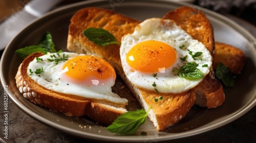Hearty breakfast with fried eggs on golden brown toast, refined with basil.