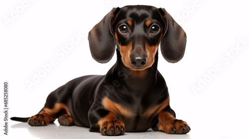 A Dachshund is perched in isolation on a white background. © ckybe