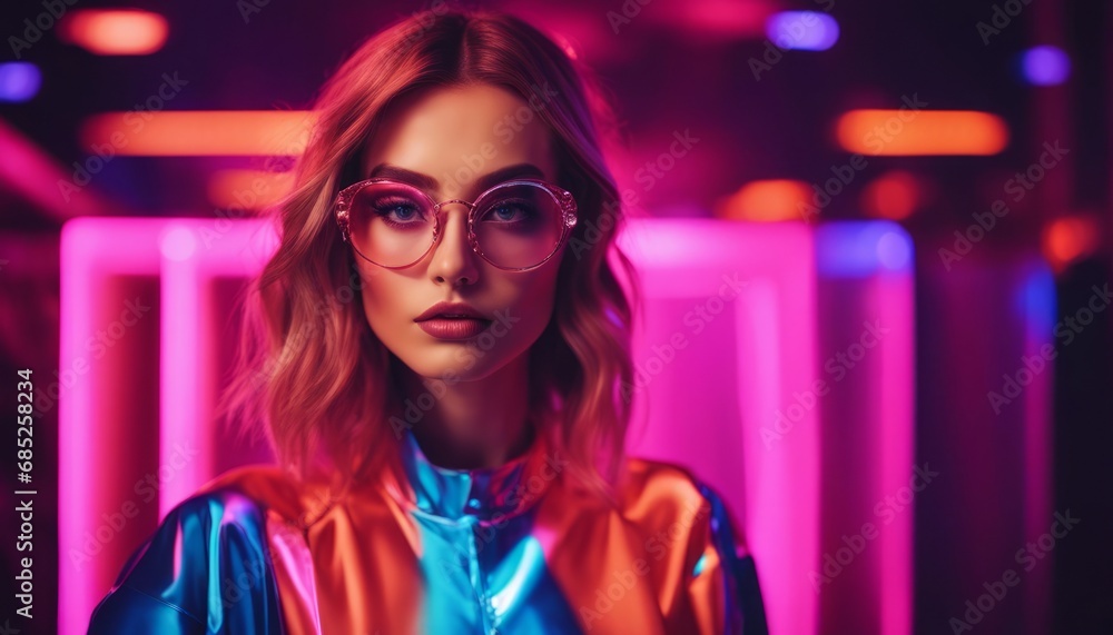 High fashion model in colorful bright neon lights posing at studio. Portrait of beautiful girl High fashion model in colorful bright neon lights posing at studio. Portrait of beautiful girl