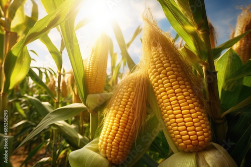 corn plants grown with a drip irrigation system. concept of nutrient-rich crops as raw materials for cooking and for animal husbandry. AI generated image