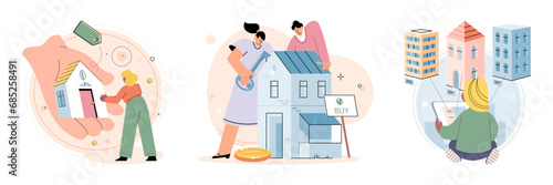 Real estate search. Vector illustration Buying residential property involved negotiating purchase price People looking for home relied on real estate search concept to find available listings