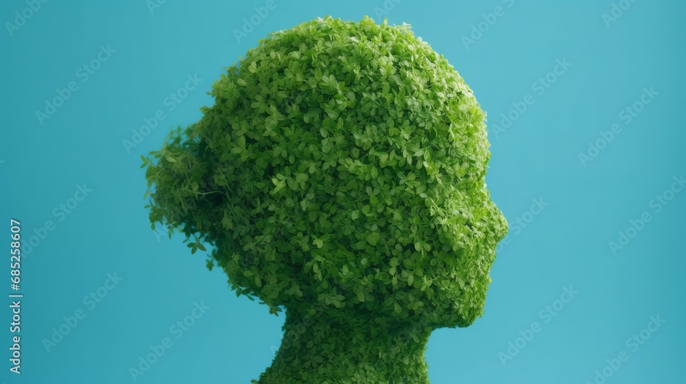 Garden topiary shaped like a human head, meticulously trimmed. Symbolizing mental health, the artful greenery evokes a sense of mindfulness, balance, and harmony in the tranquility of the garden. Garden topiary shaped like a human head, meticulously trimmed. Symbolizing mental health, the artful greenery evokes a sense of mindfulness, balance, and harmony in the tranquility of the garden.