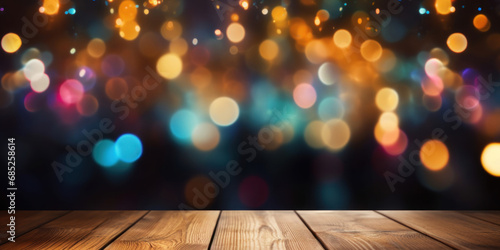 Empty wooden table with Christmas lights in the background photo