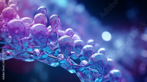Macro shot of DNA molecule. Scientific image of cell structure. Colorful detailed view of organic matter. Ordered atomic composition of molecule. Biology, physics or chemistry abstract background.