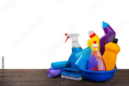 Cleaning products for home cleaning isolated on white background