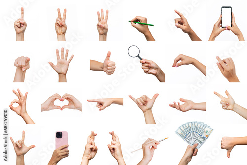 Set of hands showing gestures ok, peace, heart shape, thumb up, point to object, shaka, dislike, holding magnifying glass, phone, money, writing on a white background. Creative collage. Modern design