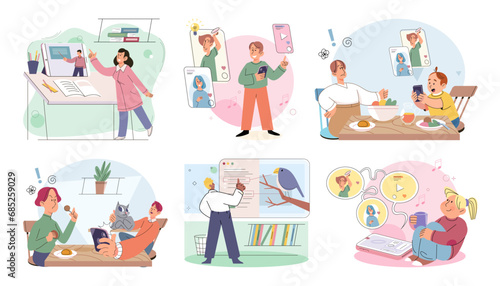Children with smartphone. Vector illustration. Smartphones have become integral part studying and learning for school aged children The telephone has evolved into smart phone, powerful device