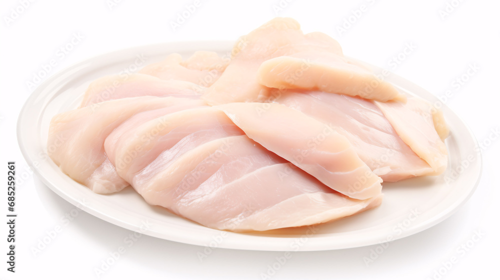 Crunchy slices of poultry fillets on a white plate.