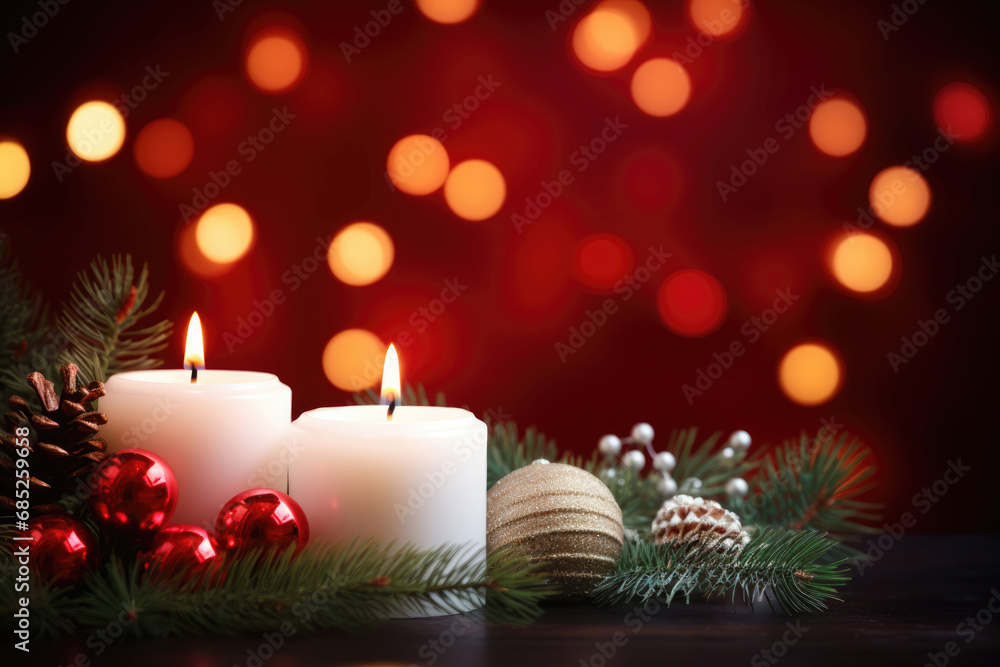 Christmas burning candles, fir branches and decorations on a dark red background