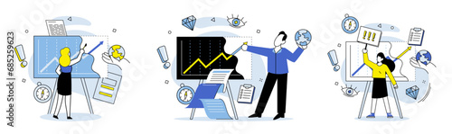 Data visualization vector illustration. Success in business is often driven by data driven strategies and informed decision making The data visualization metaphor compares data analysis to creating