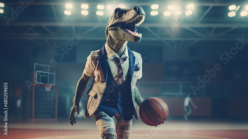 Abstract sports concept. Portrait of a dinosaur in an elegant suit on a basketball court.  photo