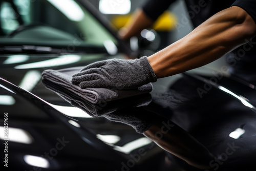 A man cleaning black car with microfiber cloth, car detailing (or valeting) concept. Selective focus. Generative Ai © Anthony Paz