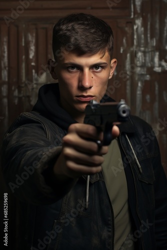 a young boy model posing with a gun in his hands