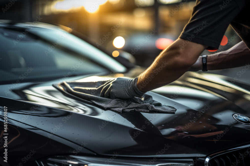 A man cleaning black car with microfiber cloth, car detailing (or valeting) concept. Selective focus. Generative Ai - obrazy, fototapety, plakaty 