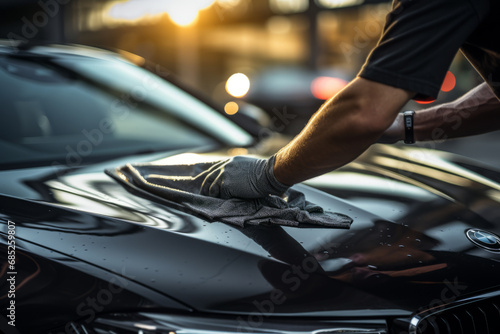 A man cleaning black car with microfiber cloth, car detailing (or valeting) concept. Selective focus. Generative Ai