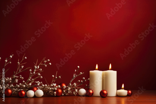 Christmas burning candles  fir branches and decorations on a dark red background
