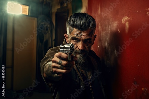 tattooed member of the South American mara gangs with a gun in his hands