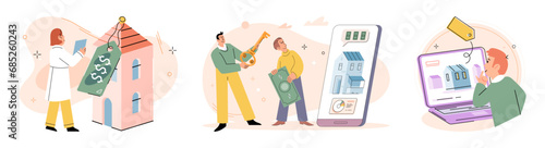 Real estate search. Vector illustration People looking for home considered their budget and preferences Investing in house through buying offered long-term financial benefits The mortgage The mortgage