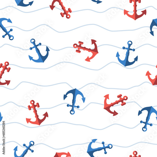 Ship anchors cute marine seamless pattern. Nautical vessel mooring appliance, Traditional ship accessory. Navy, ocean fleet, harbor background vector illustration