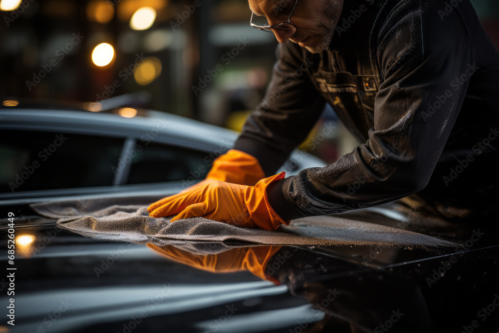 A man cleaning black car with microfiber cloth, car detailing (or valeting) concept. Selective focus. Generative Ai - obrazy, fototapety, plakaty 