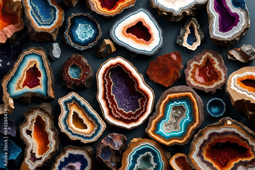 Craft an intriguing graphic resource showcasing the vibrant and textured surface of a geode. 