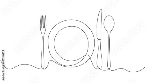Fork, knife, spoon and plate. Continuous single line drawing of cutlery and utensils for logos, business cards, banners. Vector illustration