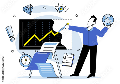 Business analytics vector illustration. Indexes provide comparative data for evaluating business performance Projects drive business growth and foster innovation Market analysis helps businesses