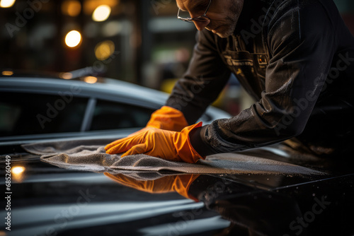 A man cleaning black car with microfiber cloth, car detailing (or valeting) concept. Selective focus. Generative Ai photo