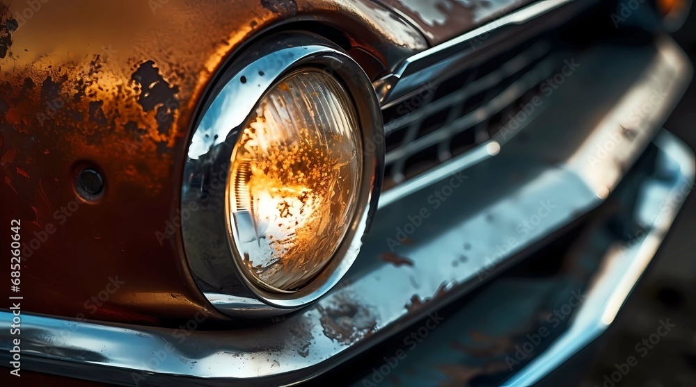 Detail of the headlight of an old american car, Generative AI illustrations.