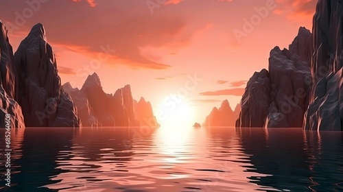 Fantasy Landscape with Icebergs at Sunset, 3D illustration, Generative AI illustrations.
