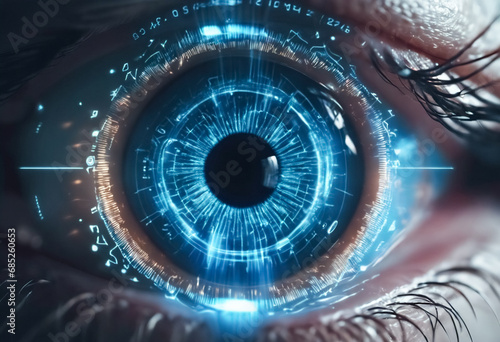 Innovazione Visiva- Occhio Blu con Simboli Tecnologici e Luce Laser photo