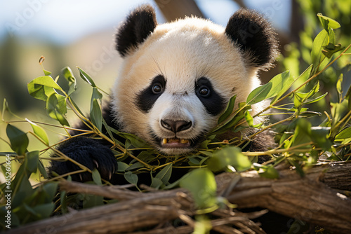 A panda chewing on  bamboo  natural florest. Generative Ai