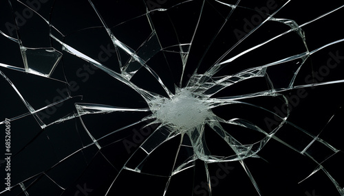 texture of a transparent glass with an impact in the center on a black background