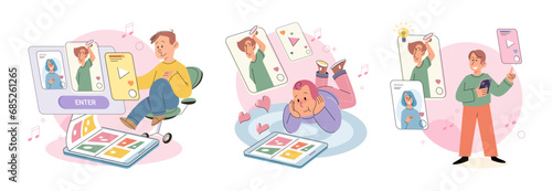 Children with smartphone. Vector illustration. Smartphones have become essential tool in educational journey school aged children Mobile phones offer access to internet  enabling children to explore