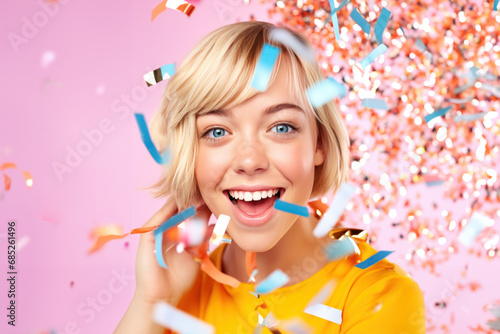 jeune femme criant de joie sous une pluie de confettis sur fond uni